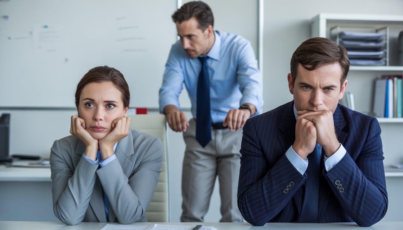 Trabalhadora em ambiente corporativo com expressão de desconforto, simbolizando assédio sexual no trabalho e busca por direitos