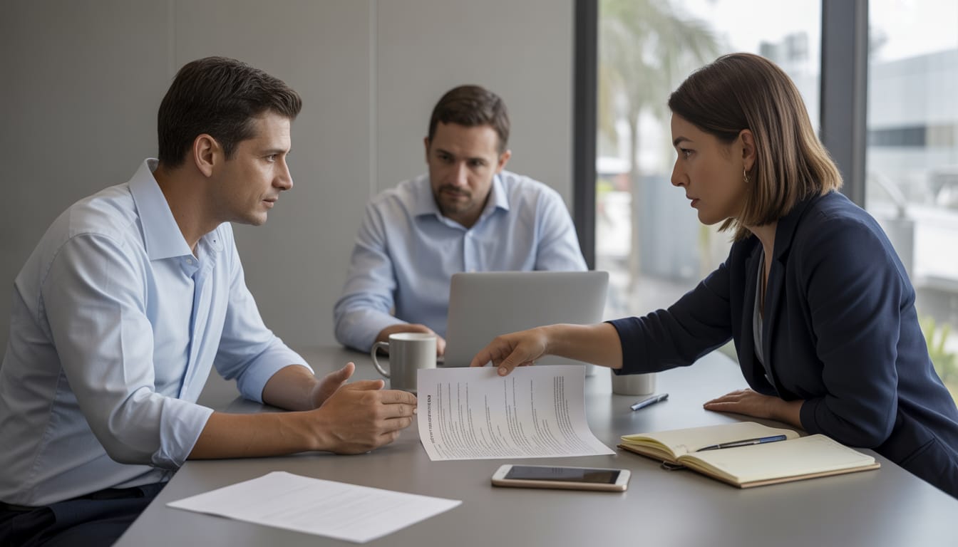 Empregado lendo documentos de rescisão e carteira de trabalho, simbolizando direitos trabalhistas