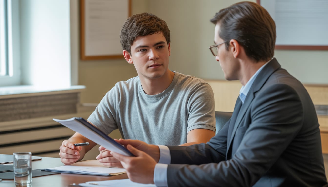 Jovem aprendiz em ambiente de trabalho com carteira de trabalho e computador
