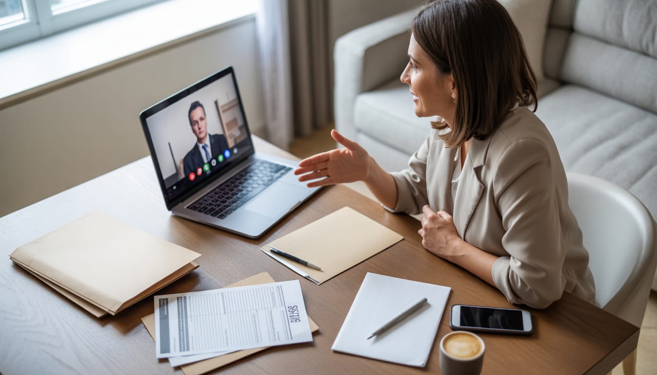 Advogado trabalhista atendendo cliente por videochamada no computador