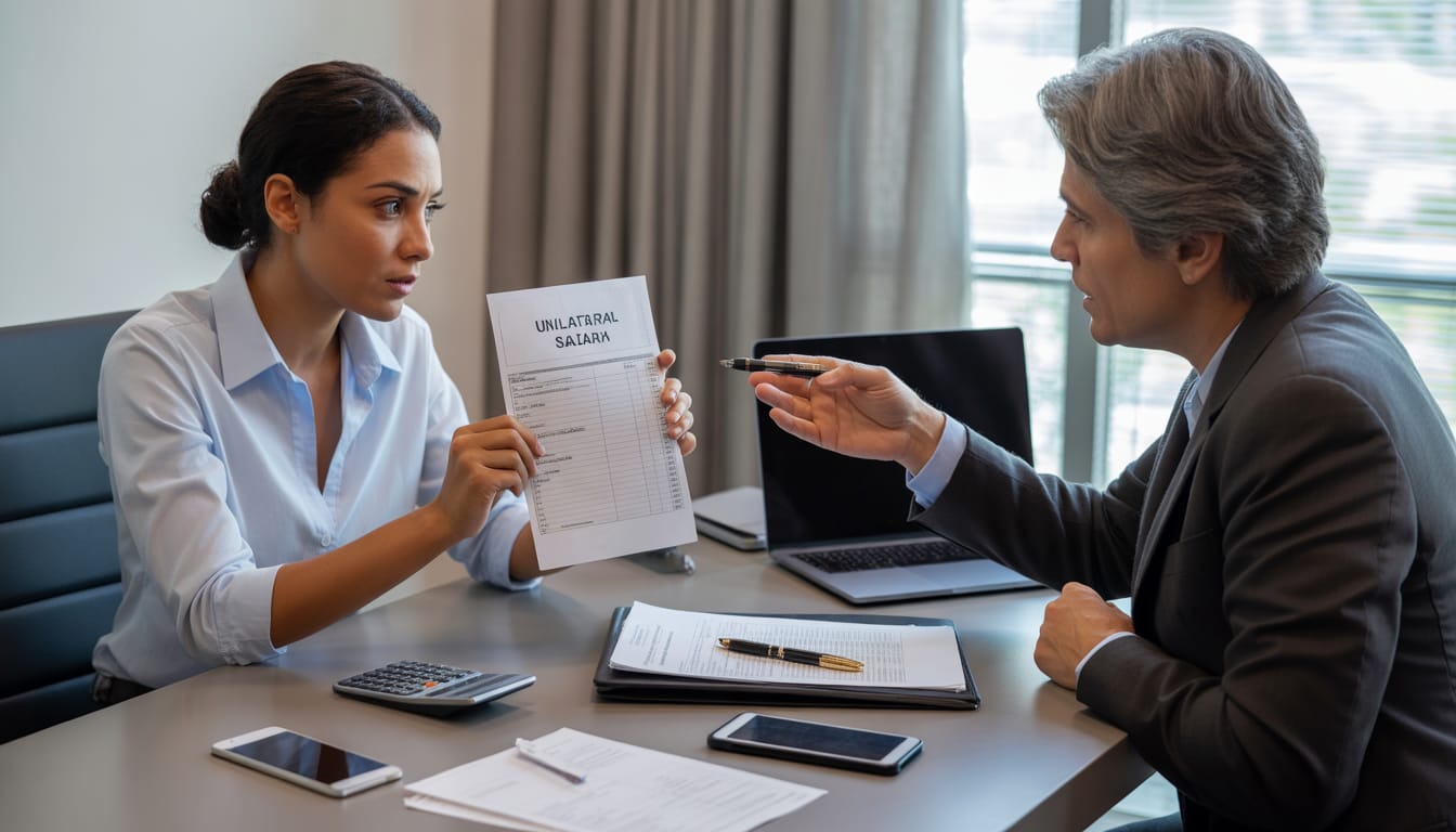 Trabalhador analisando holerite com redução salarial e documentos para ação trabalhista