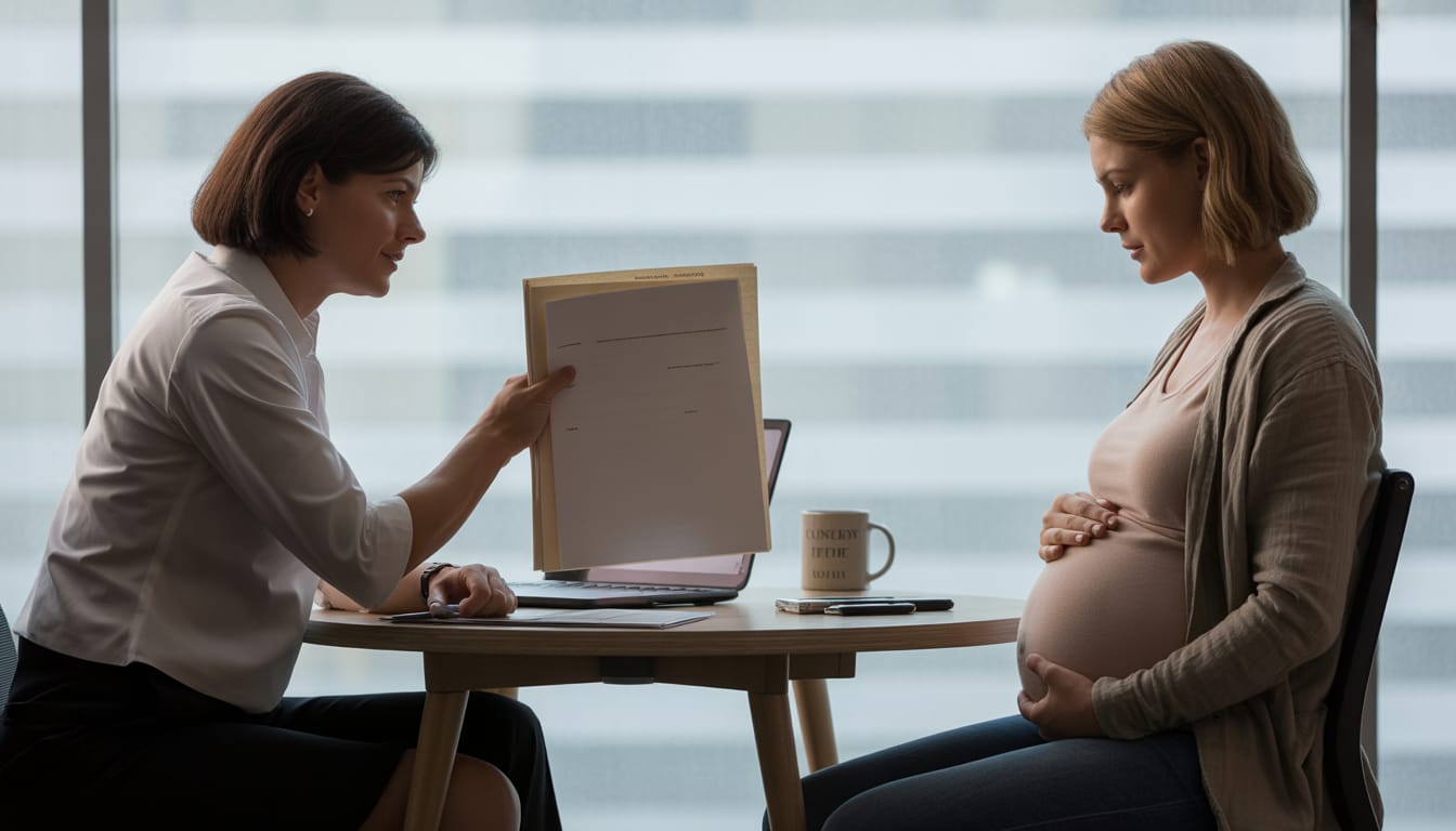 Gestante no ambiente de trabalho com documentos trabalhistas sobre estabilidade