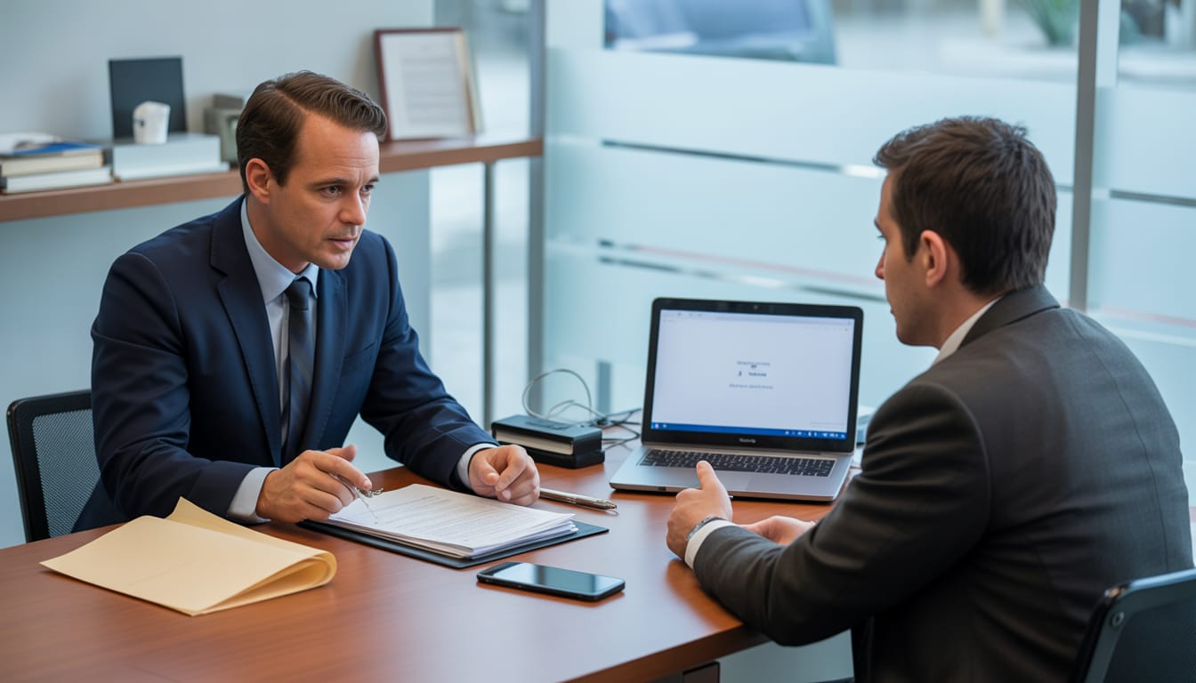 Advogado trabalhista analisando documentos de rescisão e carteira de trabalho em 2025
