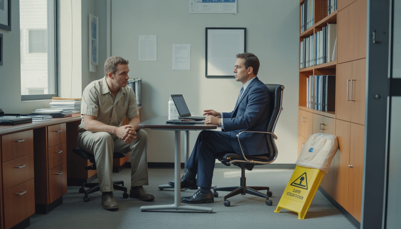 Trabalhador com EPI conversando com advogado sobre indenização por acidente de trabalho e cálculo de valores