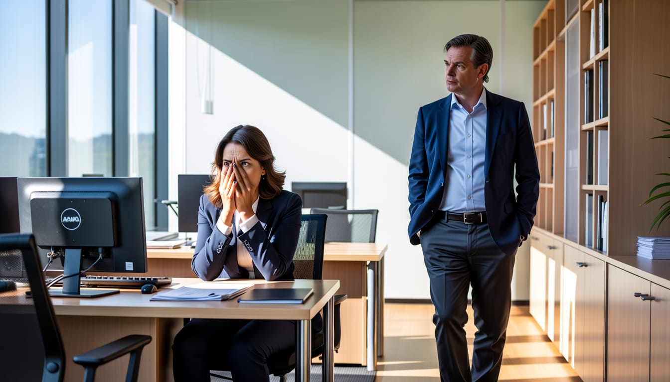 Trabalhador em ambiente corporativo sob pressão e humilhação no trabalho