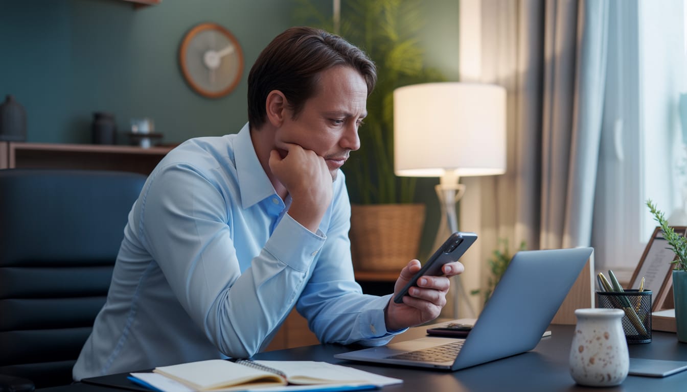 Trabalhador em home office com relógio e notebook, representando controle de jornada e horas extras