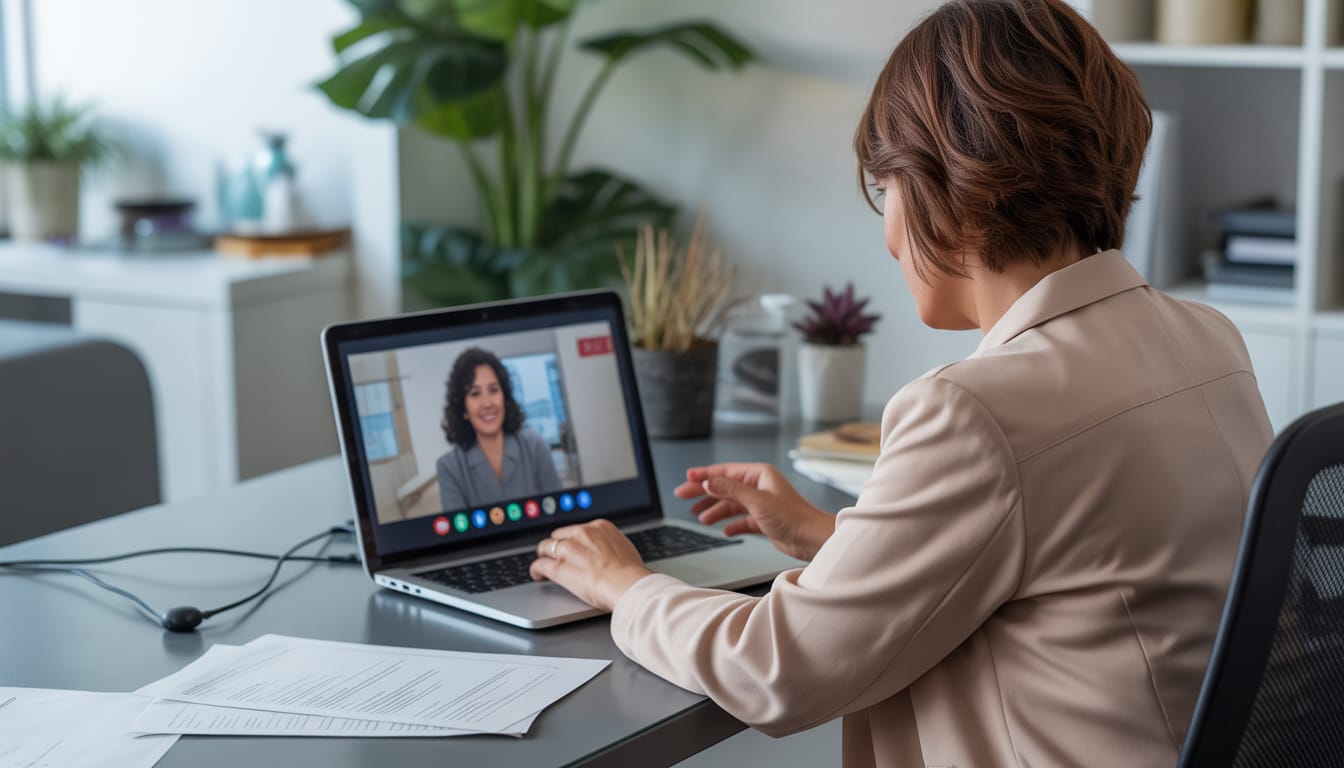 Profissional trabalhando em home office com notebook e documentos sobre regras de teletrabalho