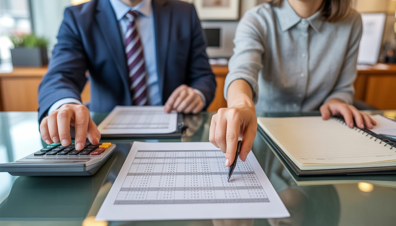 Calculadora e folhas de ponto mostrando cálculo de horas extras acumuladas no contrato de trabalho