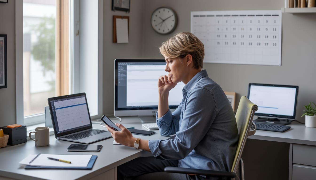 Profissional trabalhando em home office com relógio e laptop, simbolizando controle de jornada e horas extras