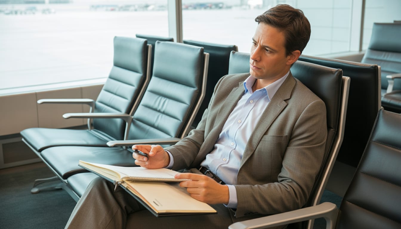 Trabalhador em viagem a trabalho com mala e relógio, representando horas extras por deslocamento
