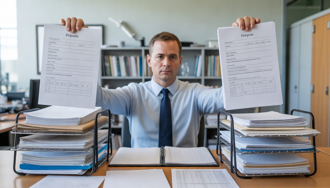 Trabalhador com braço imobilizado organizando documentos após acidente de trabalho